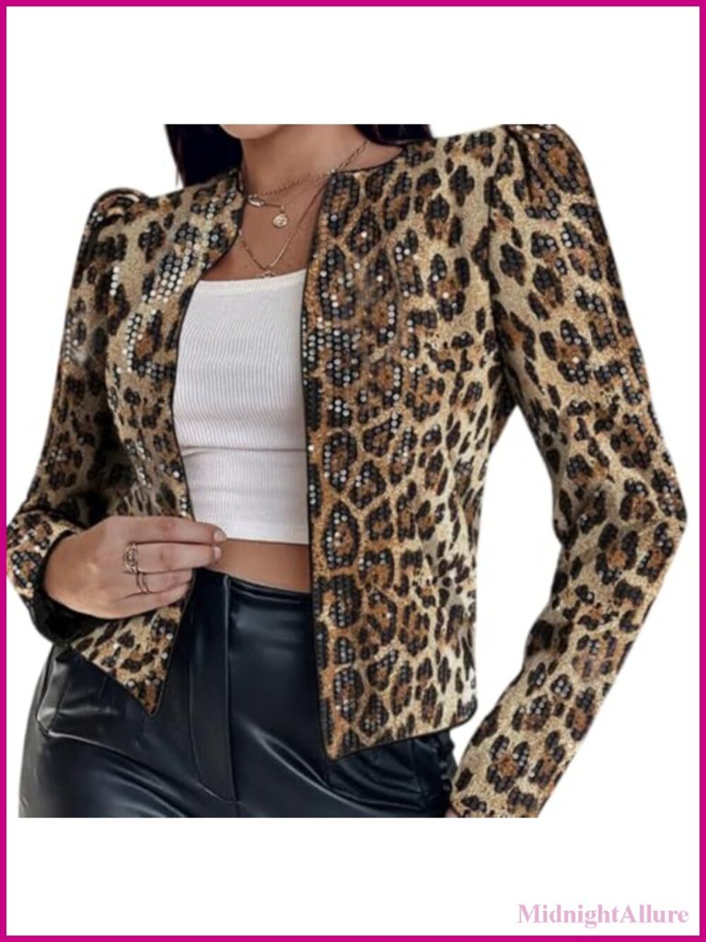 Sequin Leopard Print Blazer Jacket Long Sleeve Sparkle Cardigan Top